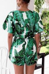 V Neck Green Leaves Tie Waist Romper